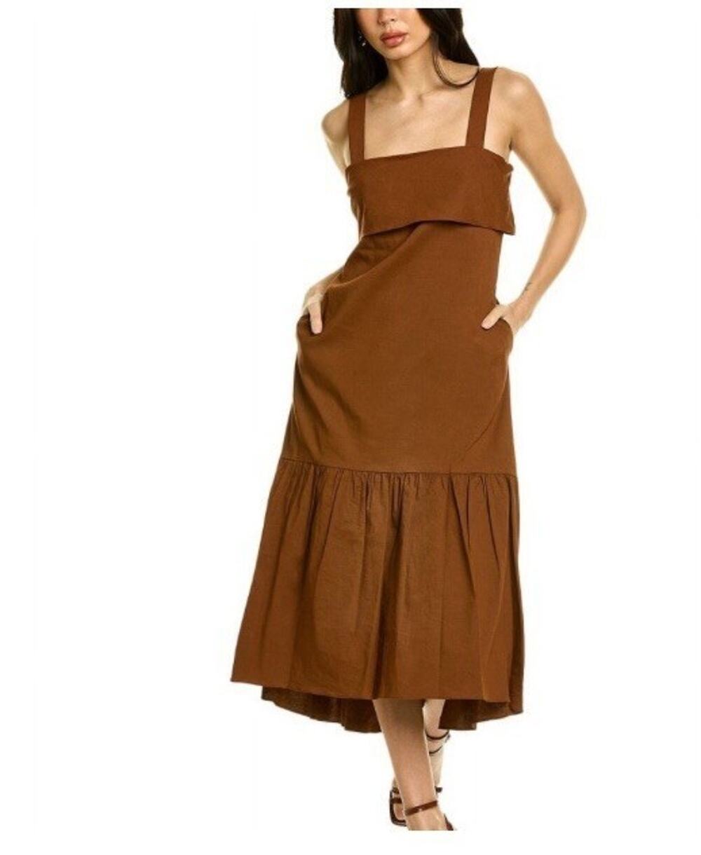 Theory Tie Back Cognac Brown Linen Blend Midi Dress New Medium